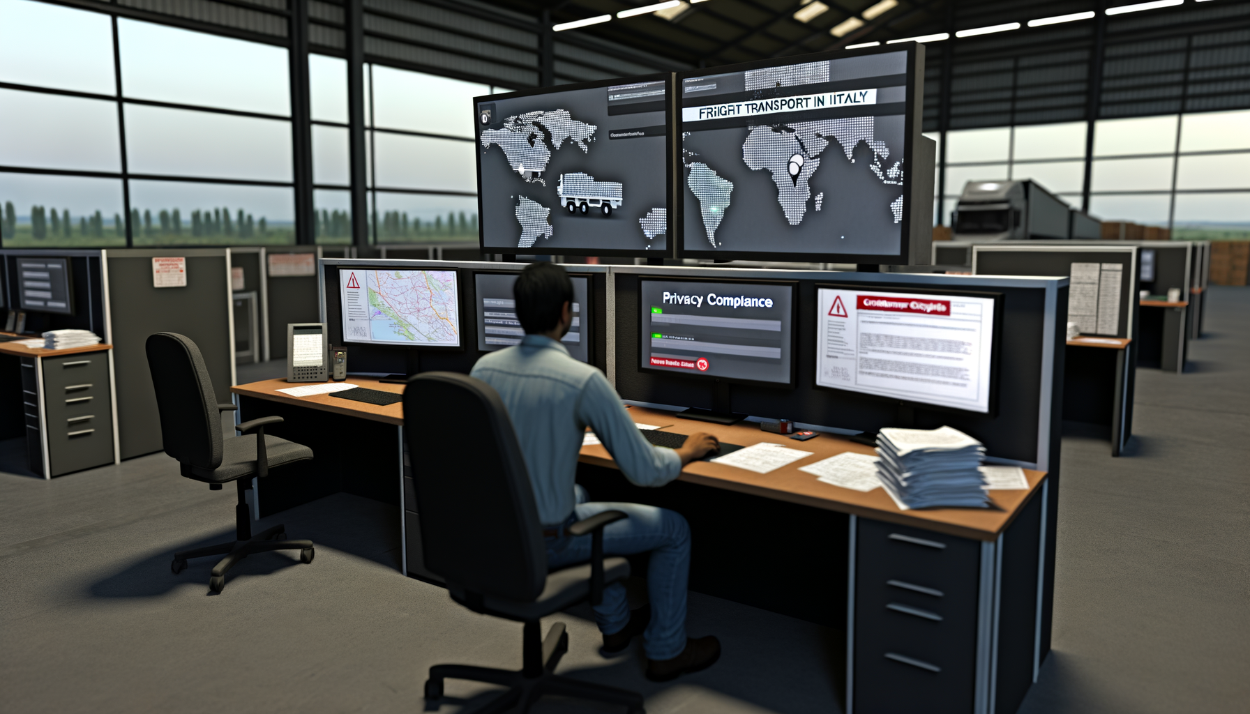 Ufficio traffico di un'azienda di autotrasporto con tre schermi dedicati a mappa mezzi, alert privacy e contestazione cliente